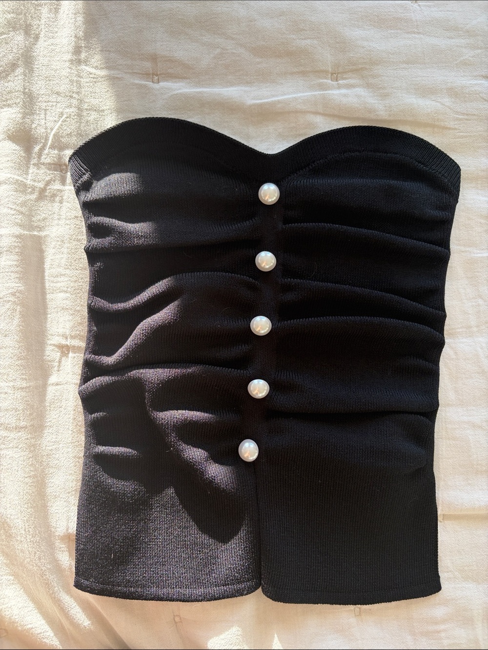 Elegant Strapless Black Ruched Top with Pearl Buttons